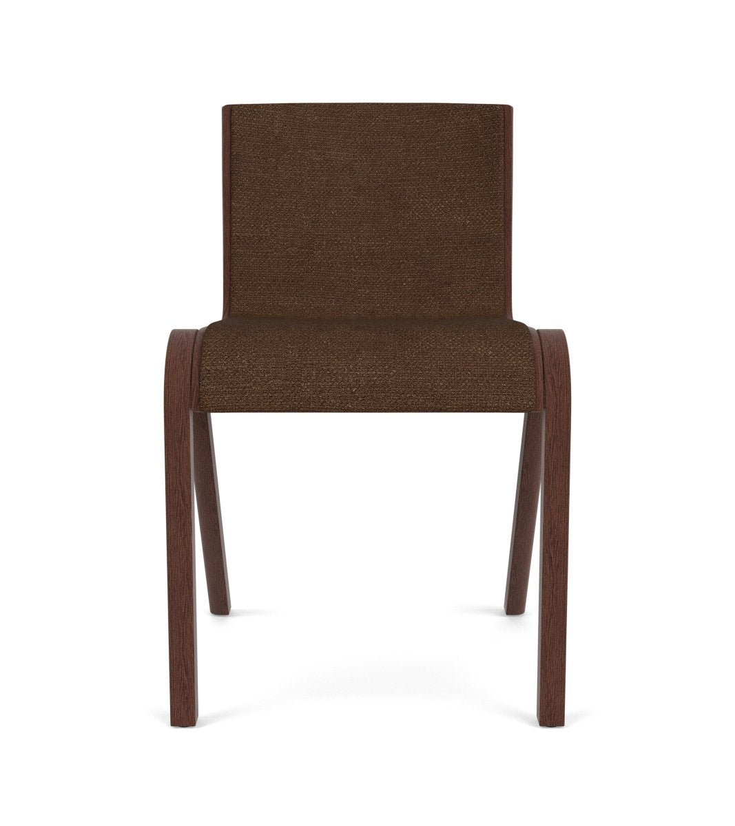 Front view of the Ready Dining Chair, Fully Upholstered in Audo Bouclé 07 with a red stained oak frame.