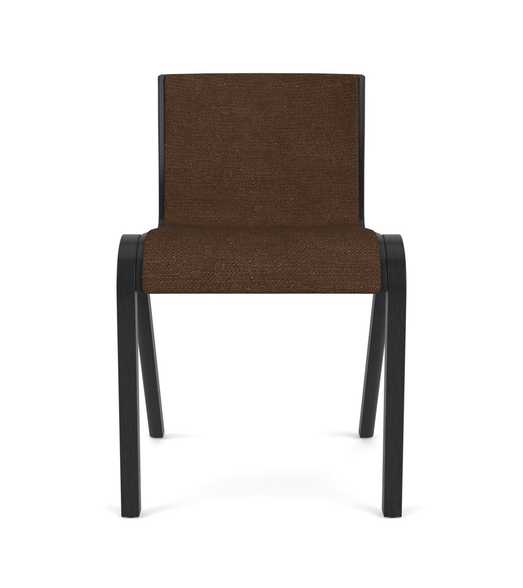 Front view of the Ready Dining Chair, Fully Upholstered, in black-painted oak with brown Audo Bouclé 07 upholstery.