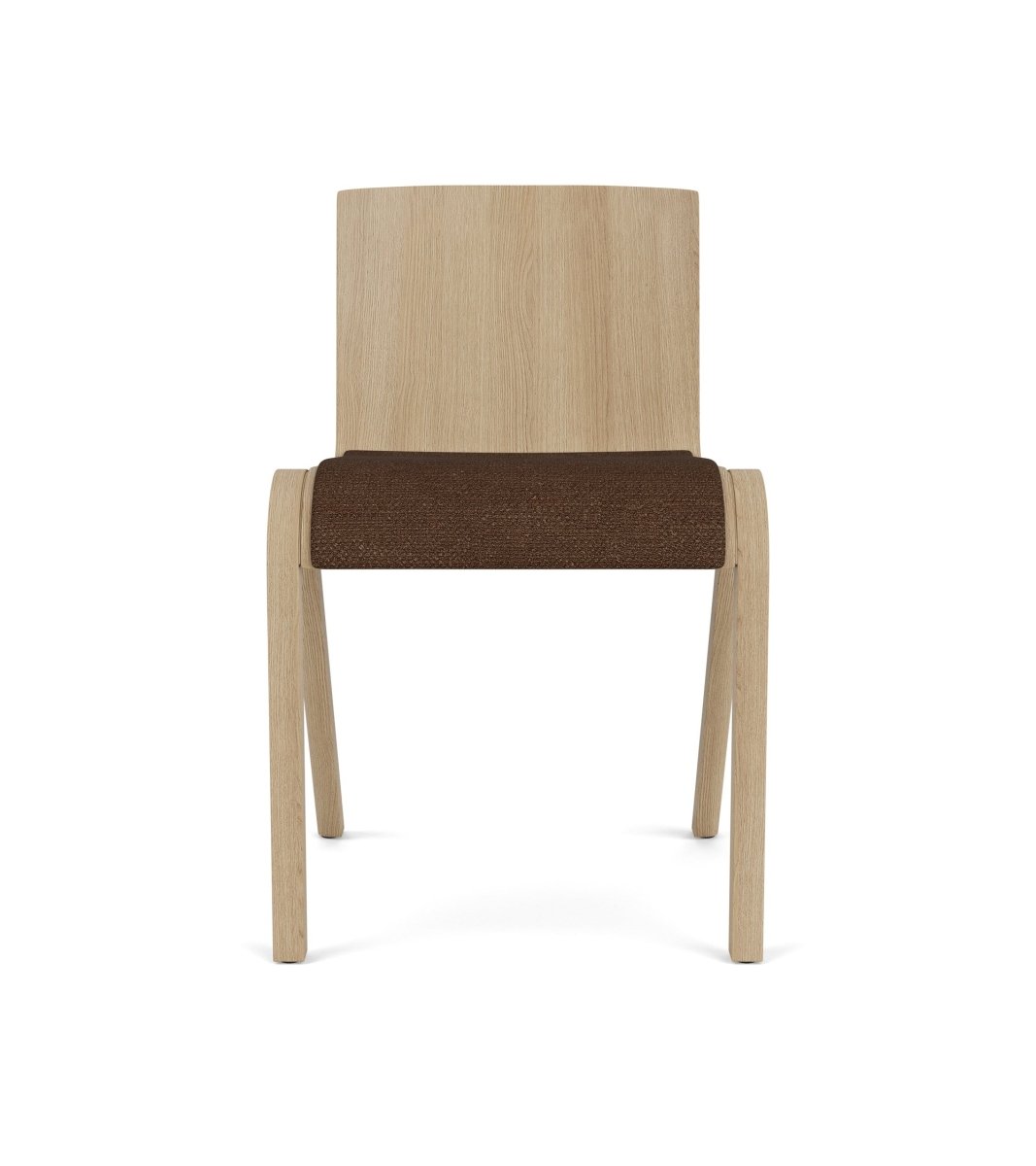 Front view of the Ready Dining Chair, featuring a natural oak frame and brown Audo Bouclé 07 upholstered seat.