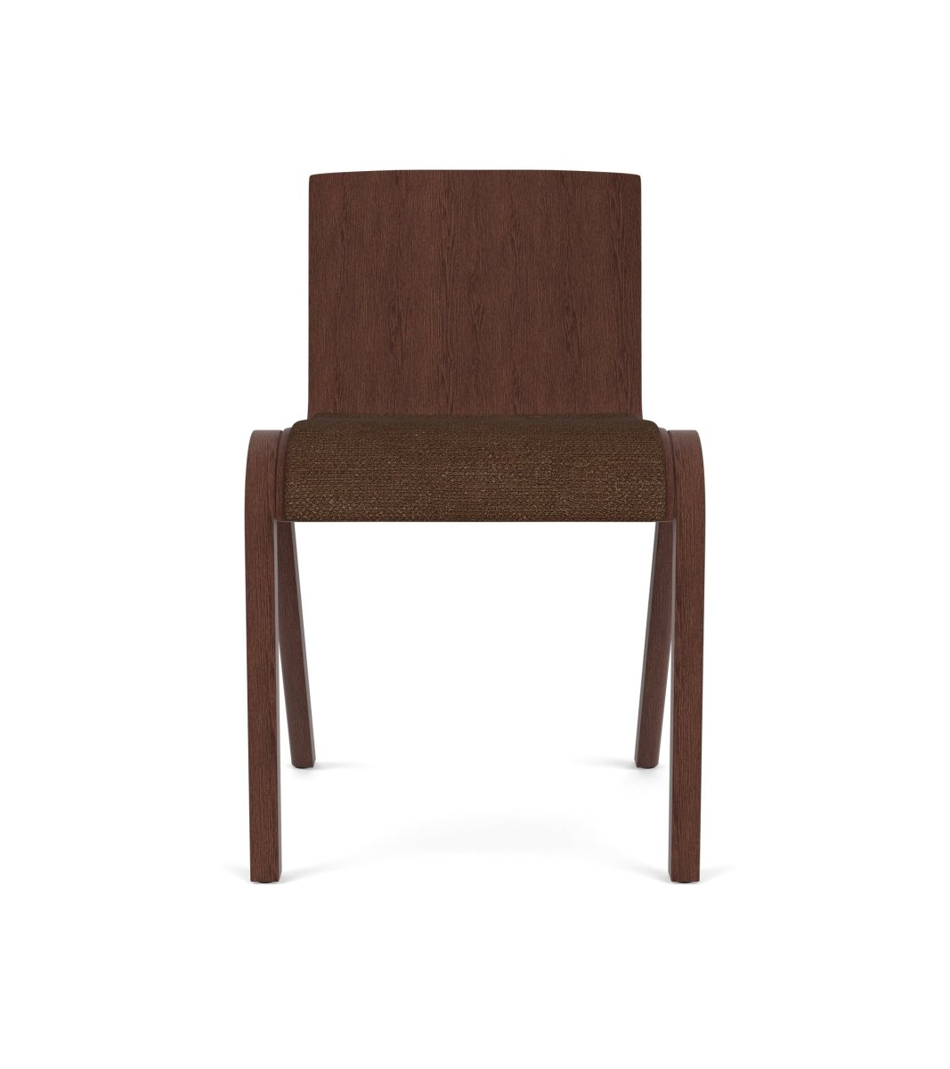 Front view of the Ready Dining Chair, partially upholstered in Audo Bouclé 07 with a red stained oak frame.