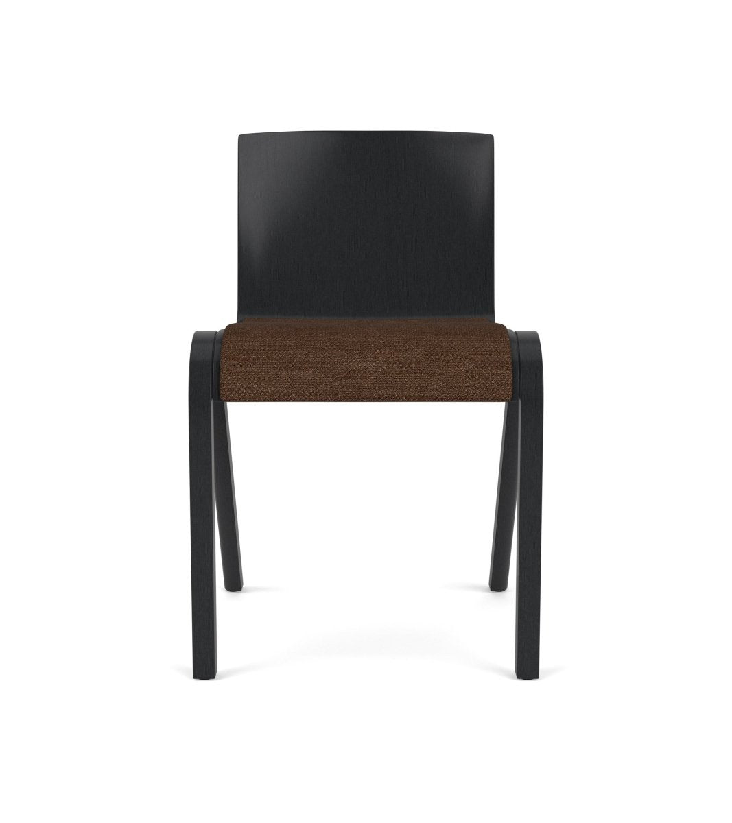 Front view of the Ready Dining Chair with a black painted oak frame and brown Audo Bouclé 07 upholstered seat.