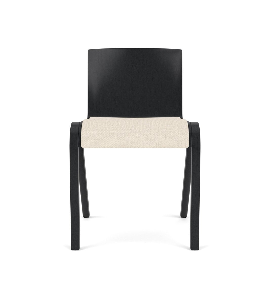 Front view of the Ready Dining Chair featuring a black oak frame and a light Logan Jasmine upholstered seat.