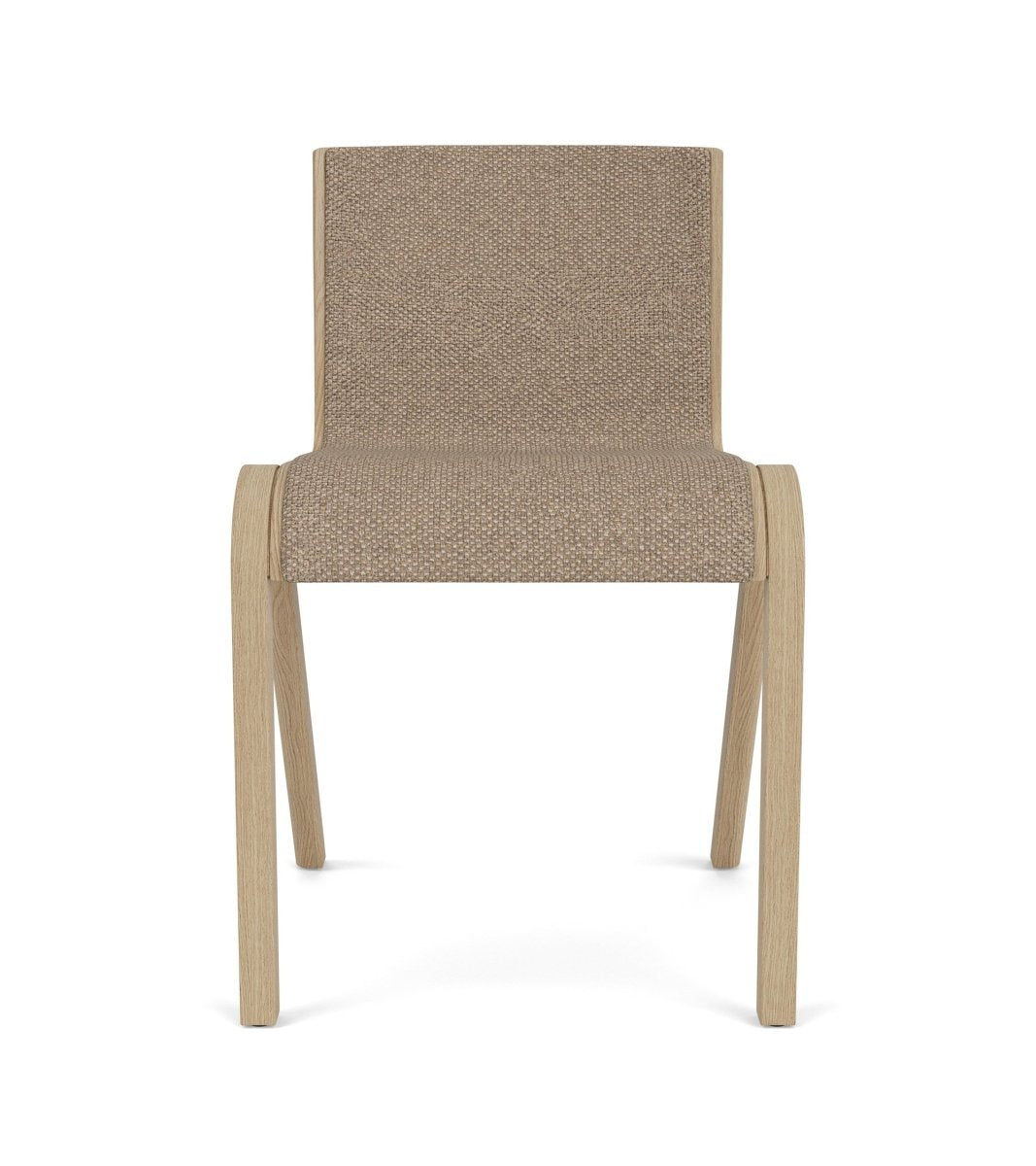 Front view of the Ready Dining Chair, Fully Upholstered, with a natural oak frame and textured Logan Flint fabric.