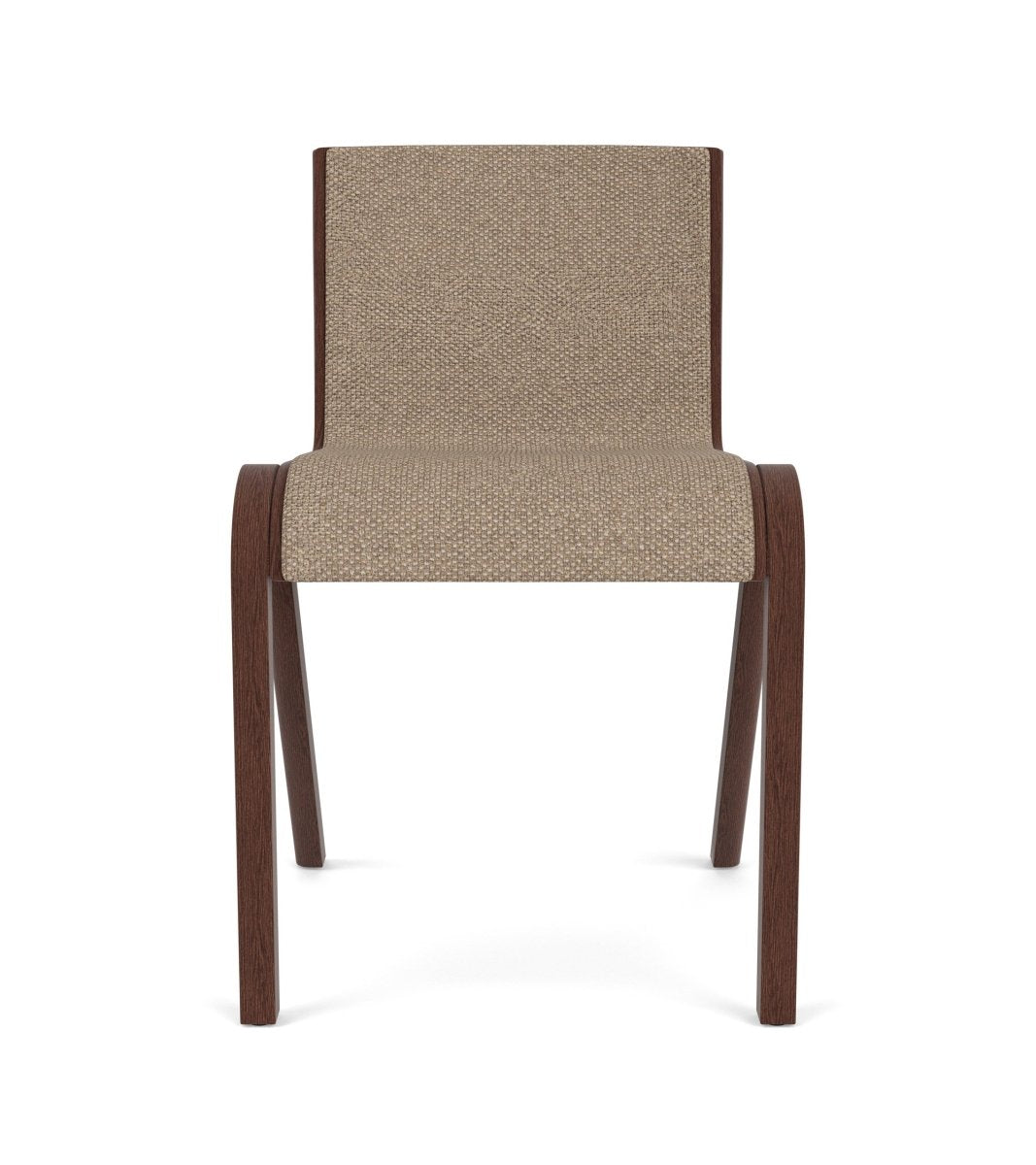 Front view of the Ready Dining Chair, Fully Upholstered in Logan Flint fabric with a red stained oak frame.