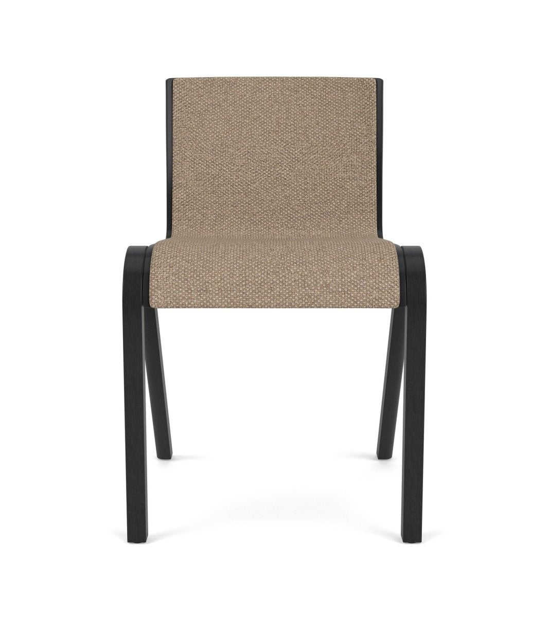 Front view of the Ready Dining Chair, Fully Upholstered in Logan Flint fabric with a black painted oak frame.