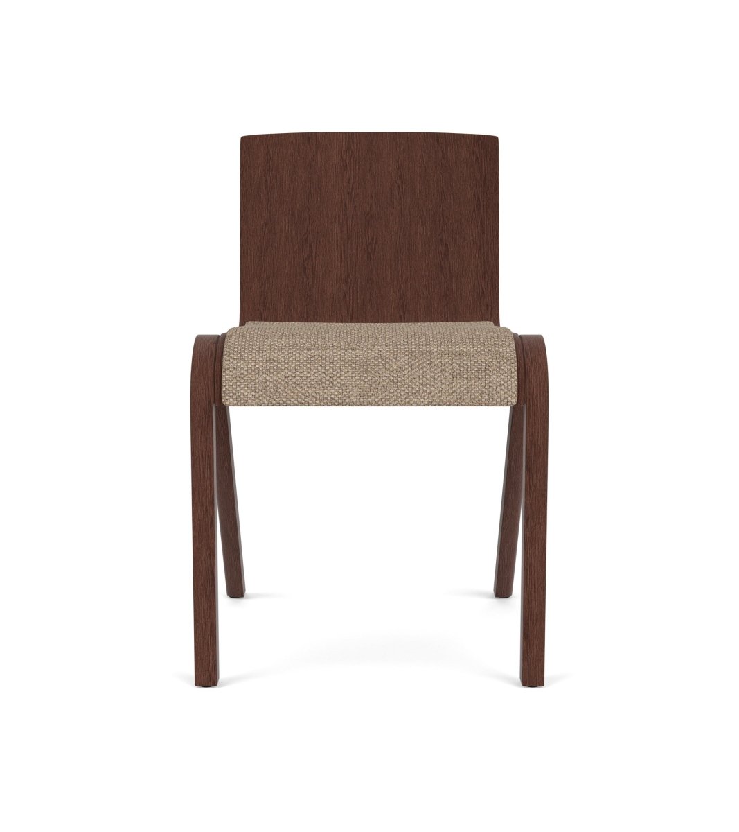 Front view of the Ready Dining Chair in red stained oak with a textured Logan Flint upholstered seat.