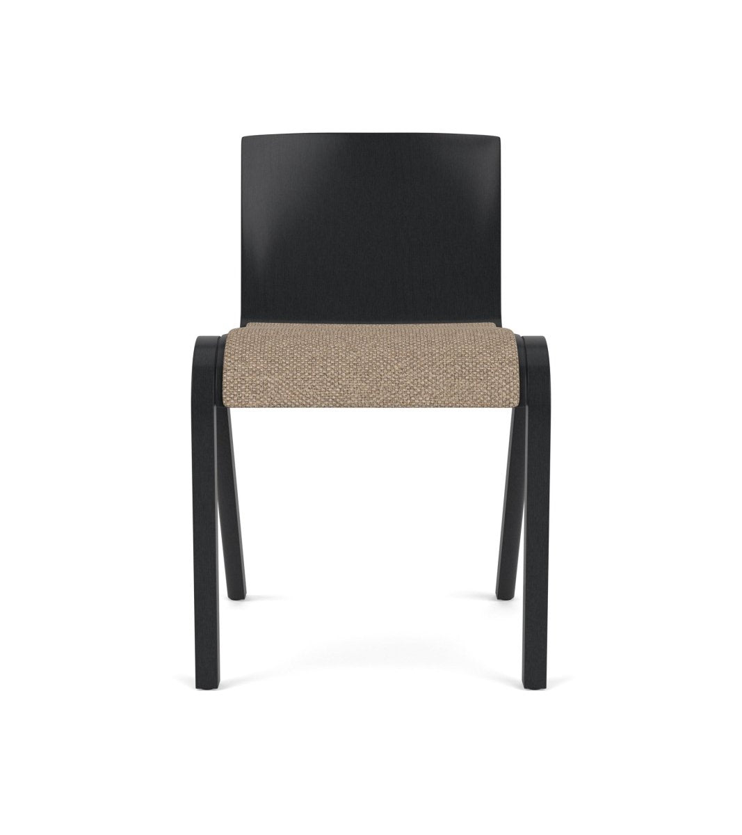 Front view of the Ready Dining Chair, Partially Upholstered in Logan Flint fabric with a black-painted oak frame.