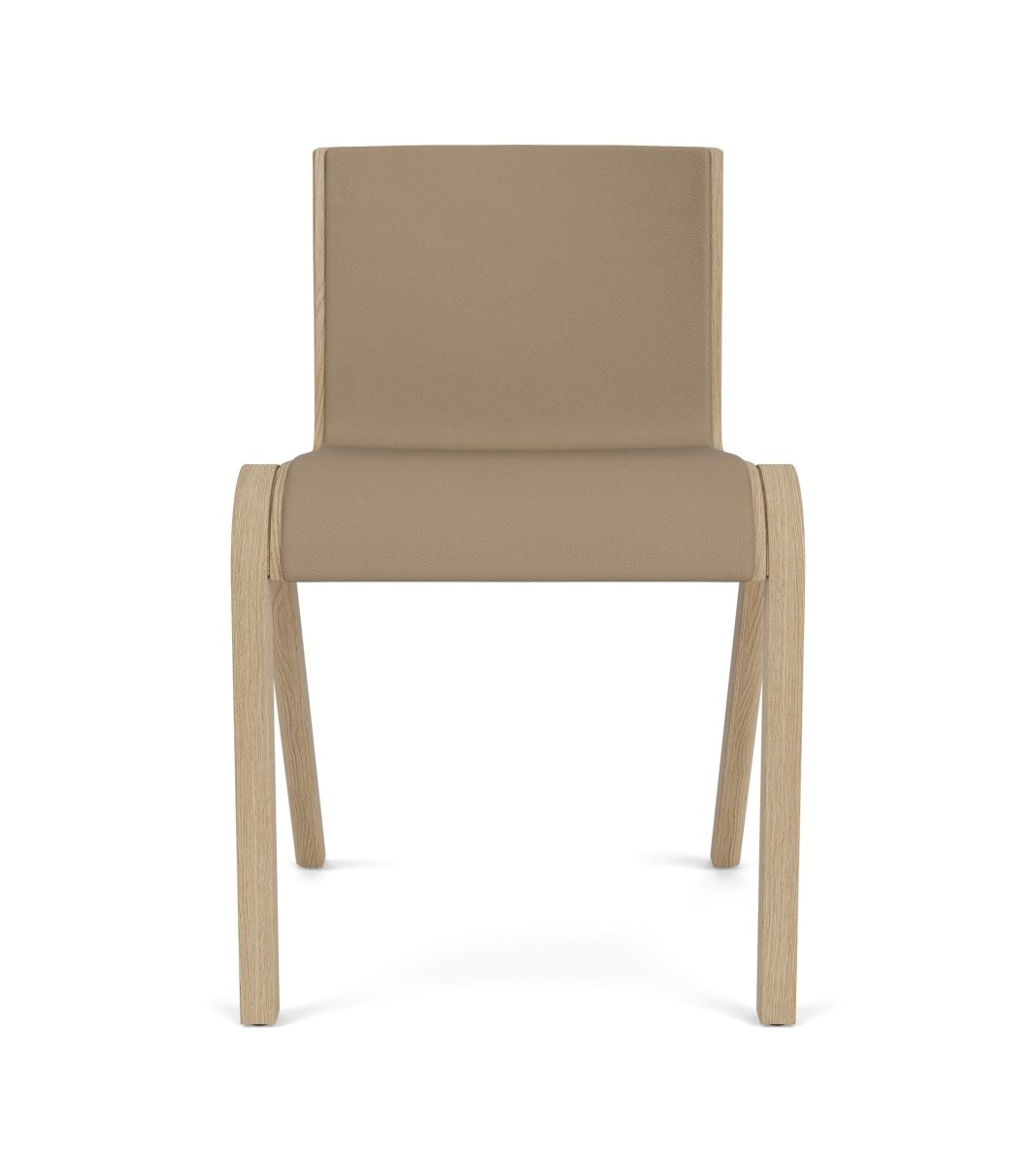 Front view of the Ready Dining Chair, Fully Upholstered, in natural oak with tan Sierra 1611 leather upholstery.