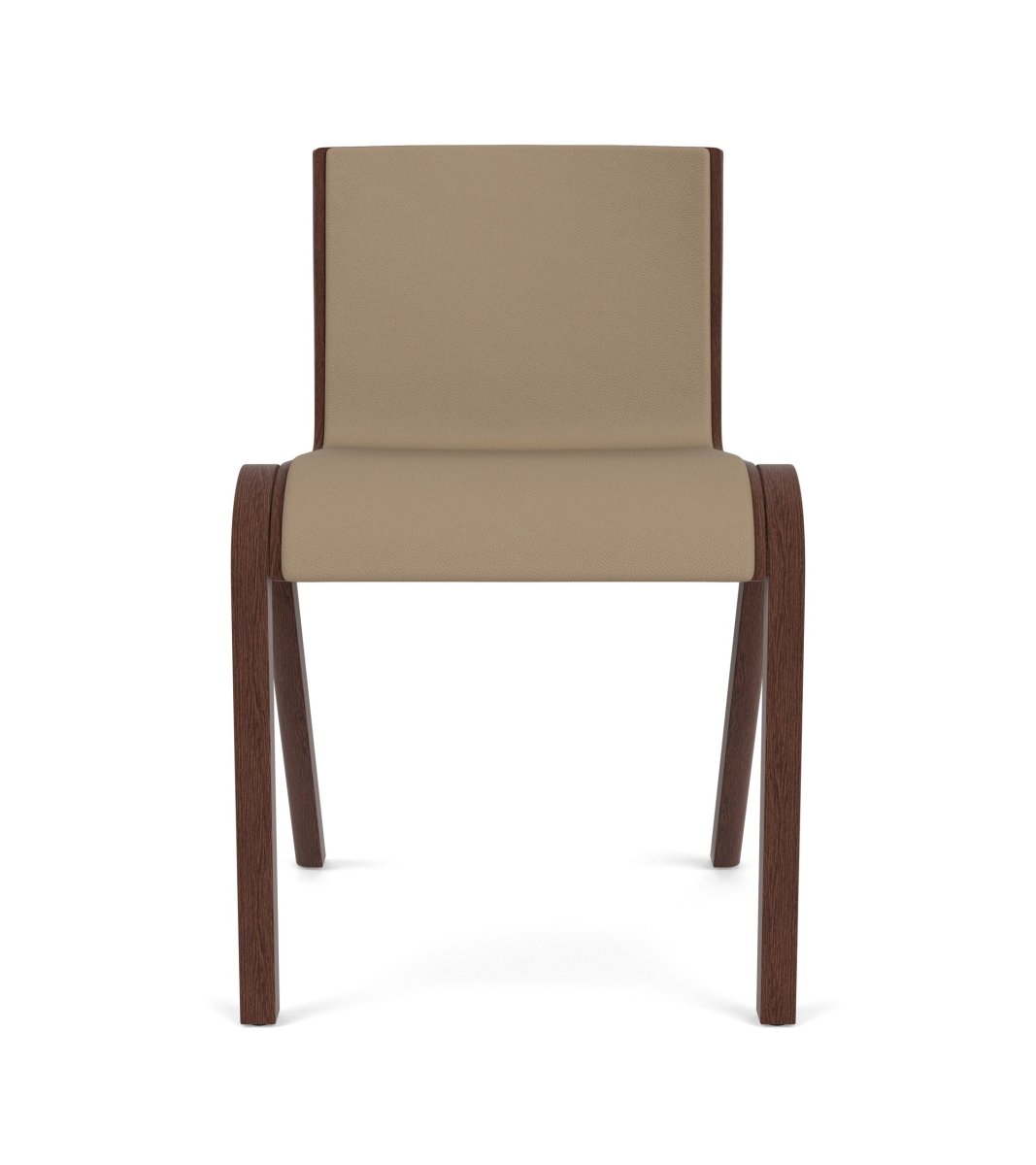 Front view of the Ready Dining Chair, Fully Upholstered, with a red-stained oak frame and tan Sierra 1611 upholstery.