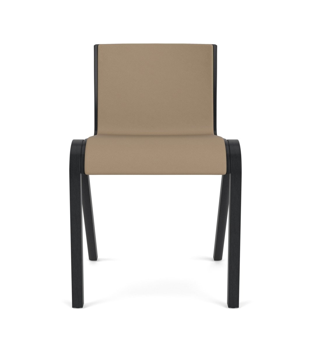 Front view of the Ready Dining Chair, Fully Upholstered in tan Sierra 1611 leather with a black painted oak frame.