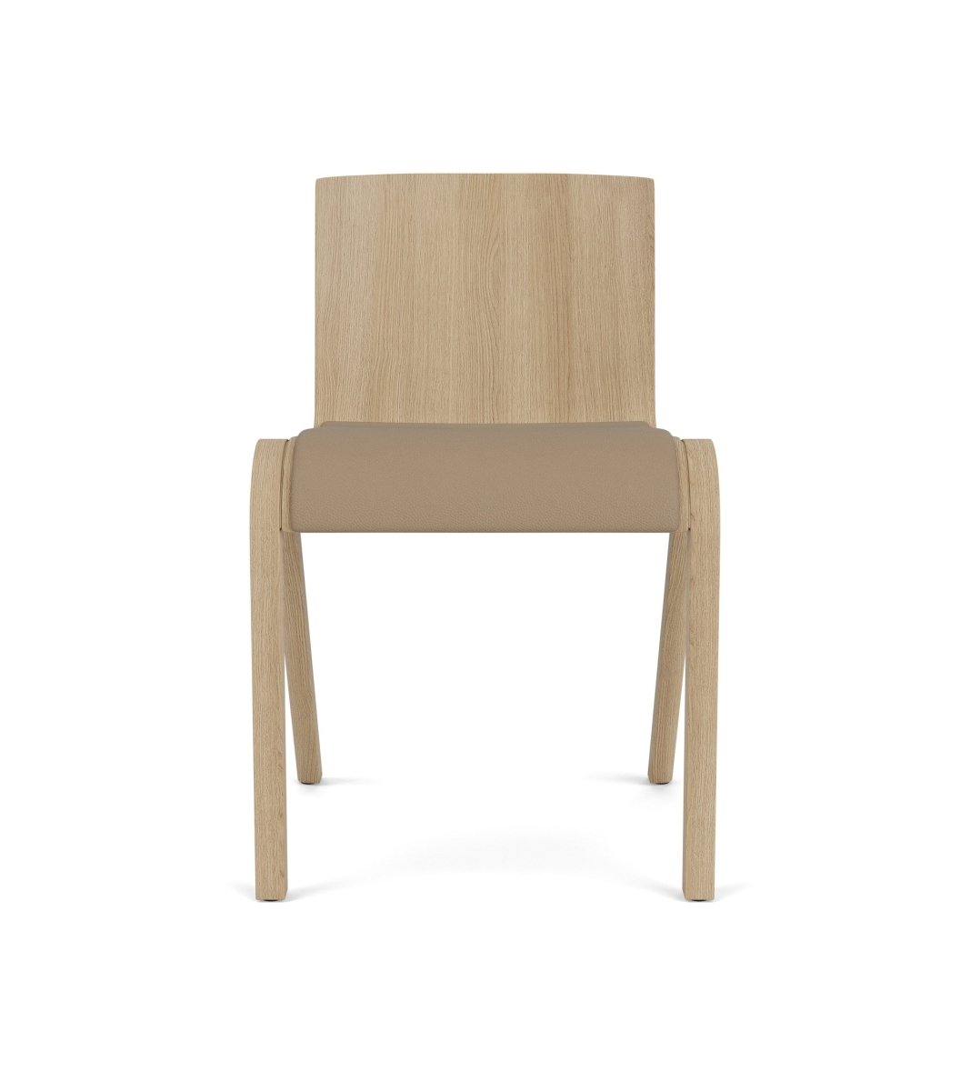 Ready Dining Chair, Partially Upholstered, in natural oak with a tan Sierra 1611 leather seat, shown from the front.