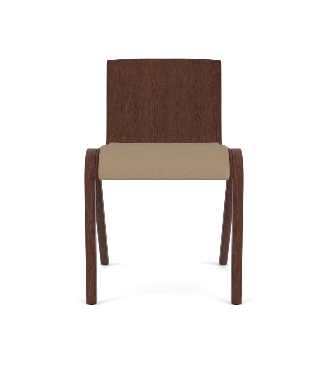 Ready Dining Chair, Partially Upholstered in beige Sierra 1611 with a red stained oak frame, seen from the front.