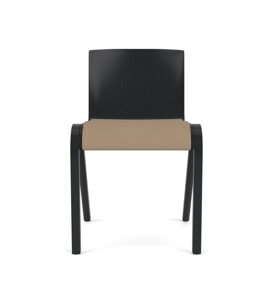Front view of the Ready Dining Chair in black painted oak with a tan Sierra 1611 leather upholstered seat.