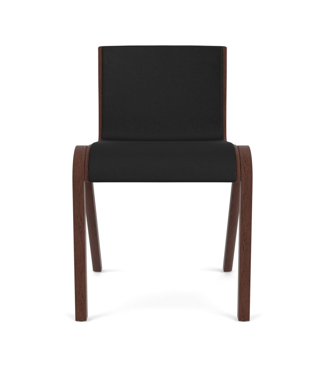 Front view of the Ready Dining Chair, Fully Upholstered, with a red stained oak frame and black Sierra 1001 upholstery.