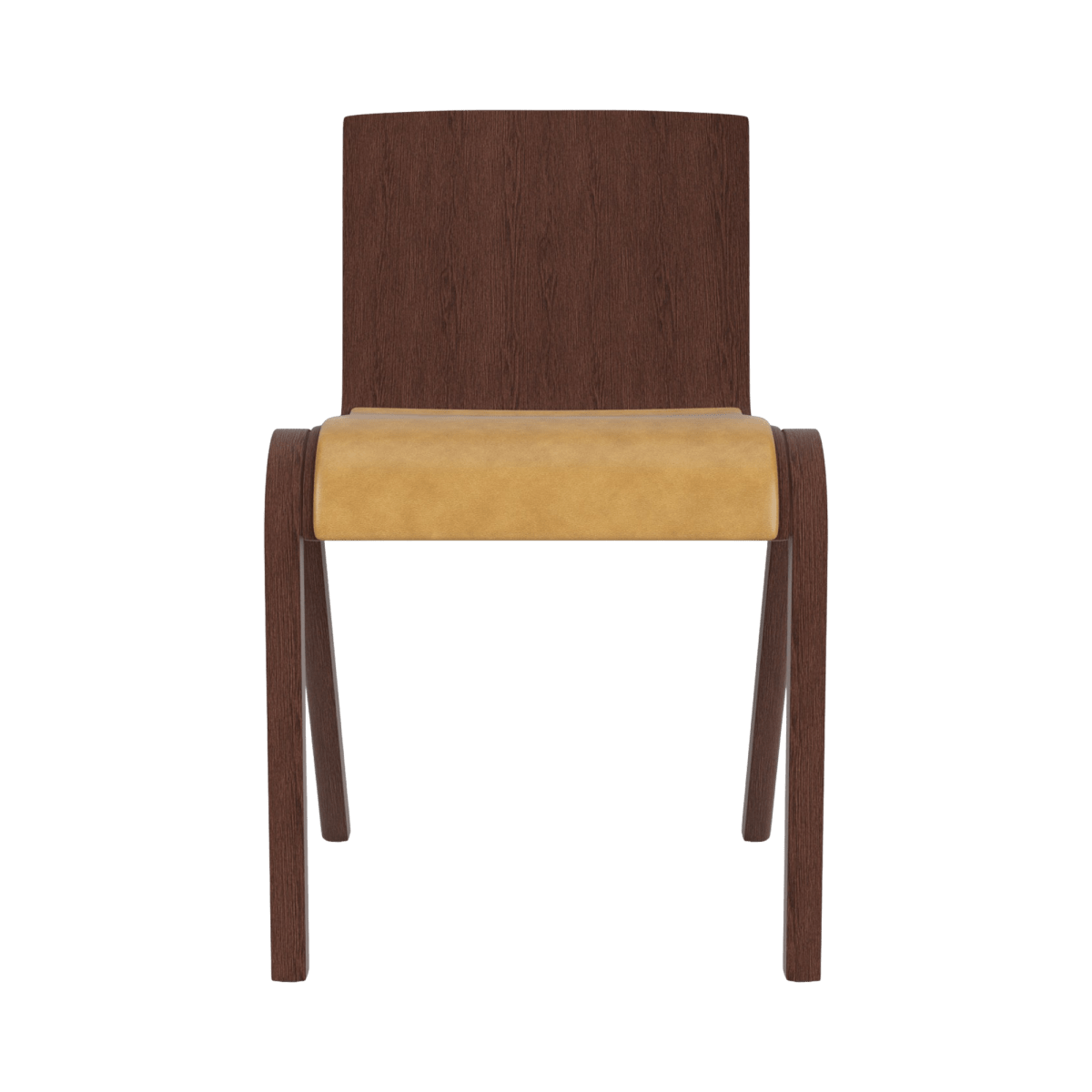 Front view of the Ready Dining Chair featuring a red stained oak frame and a tan leather upholstered seat.