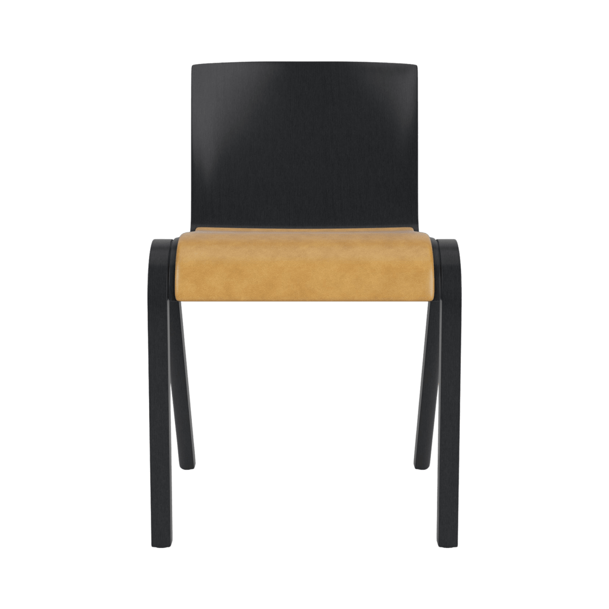 Front view of the Ready Dining Chair in black oak, featuring a cantilevered frame and tan leather upholstered seat.