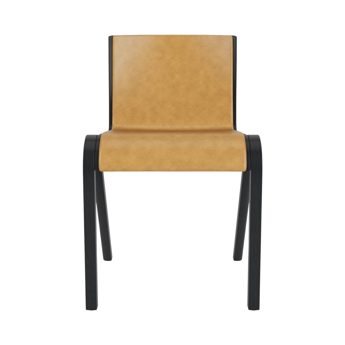 Front view of the Ready Dining Chair, Fully Upholstered, featuring a black oak frame and tan leather upholstery.