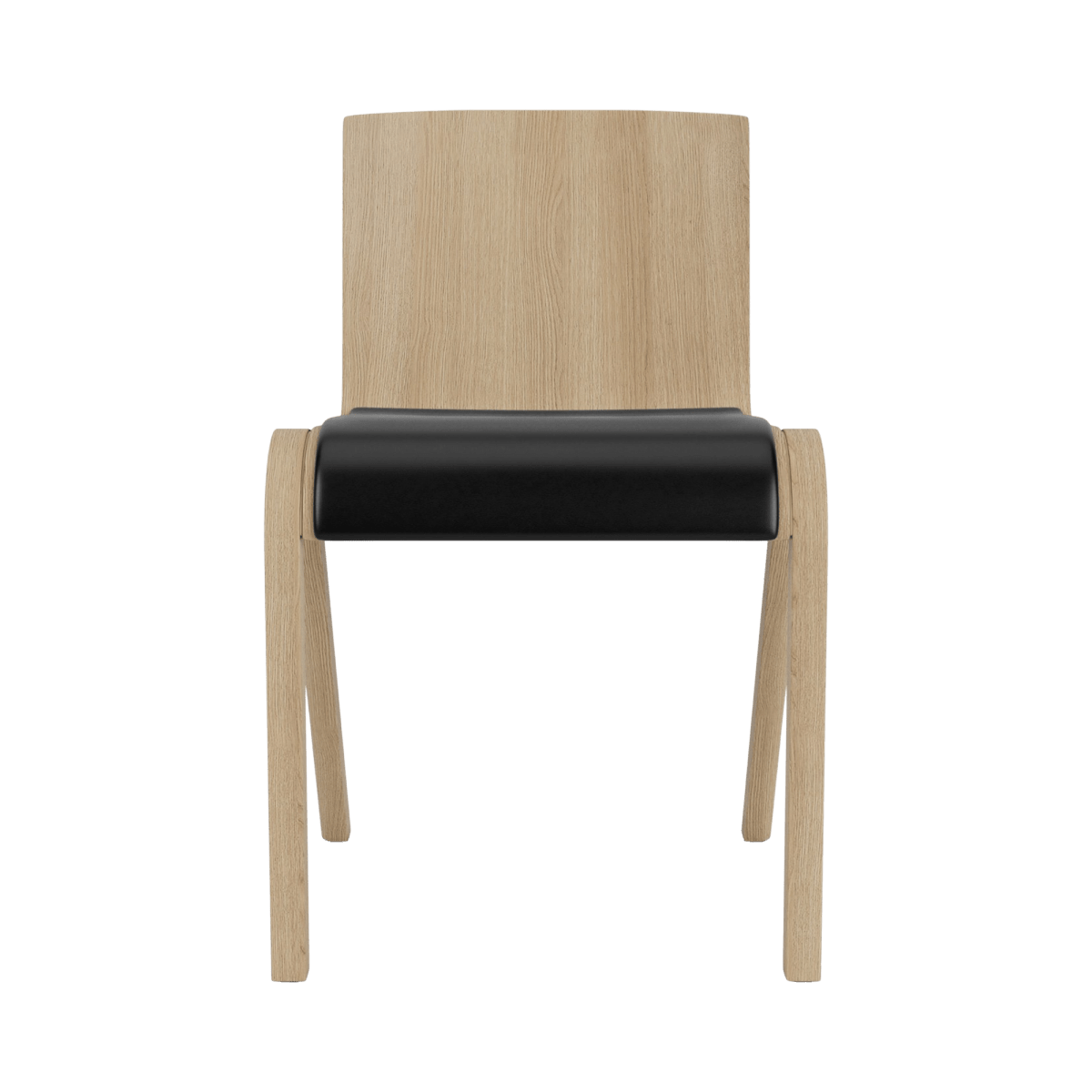 Front view of the Ready Dining Chair in natural oak with a black upholstered seat and cantilevered frame.