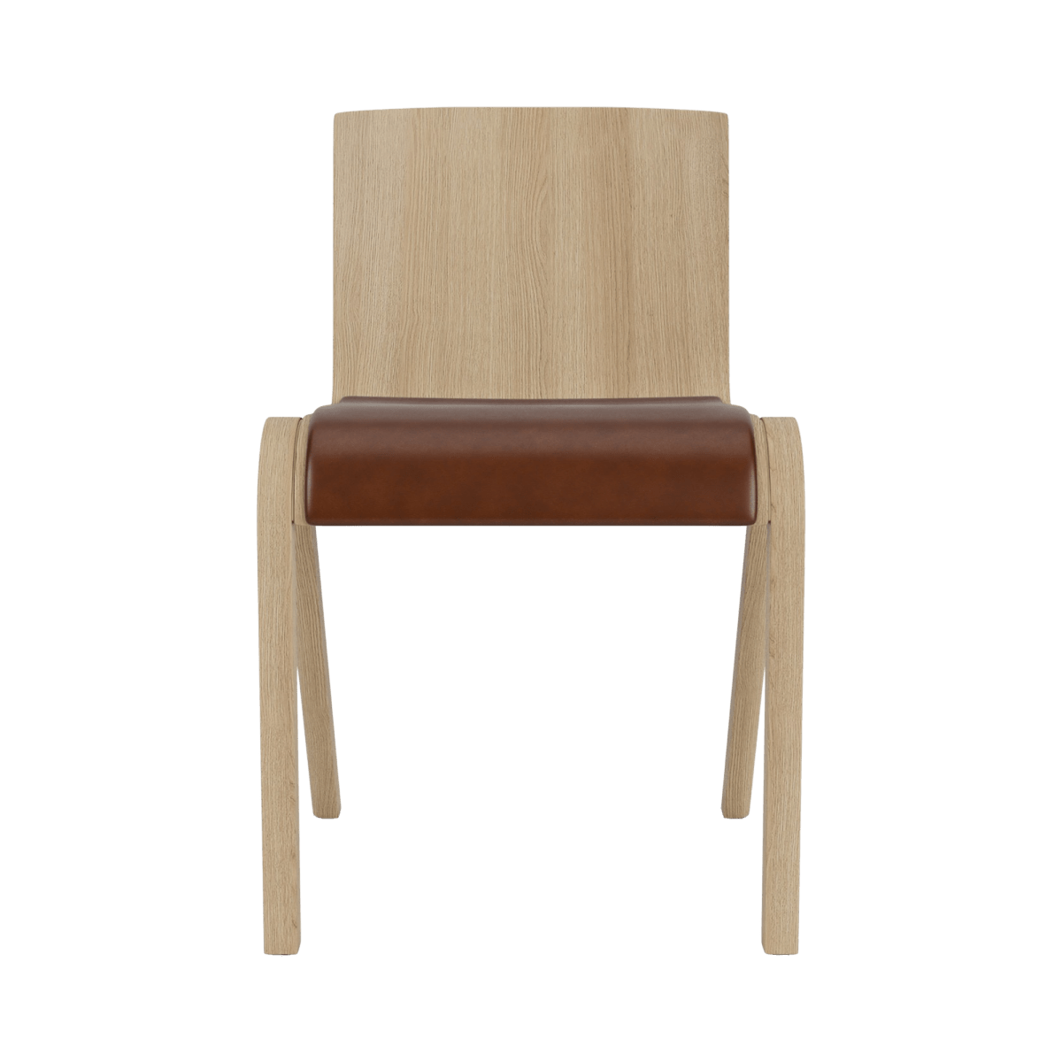Front view of the Ready Dining Chair, Partially Upholstered, featuring a natural oak frame and a brown leather seat.