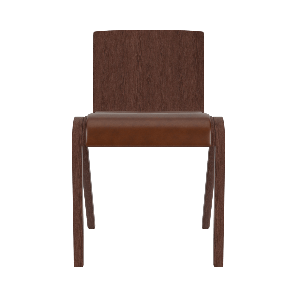 Front view of the Ready Dining Chair, Partially Upholstered, in red stained oak with a brown upholstered seat.