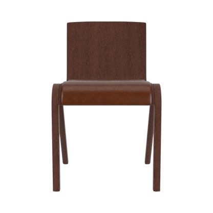 Front view of the Ready Dining Chair, Partially Upholstered, in red stained oak with a brown upholstered seat.