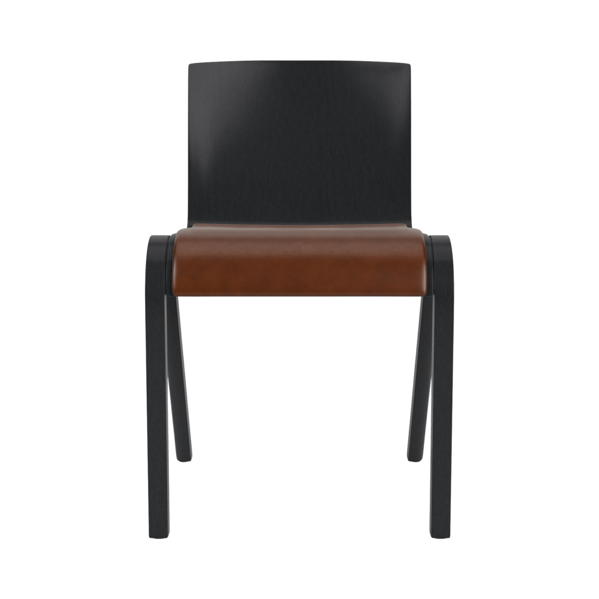 Front view of the Ready Dining Chair, Partially Upholstered, featuring a black oak frame and a brown leather seat.