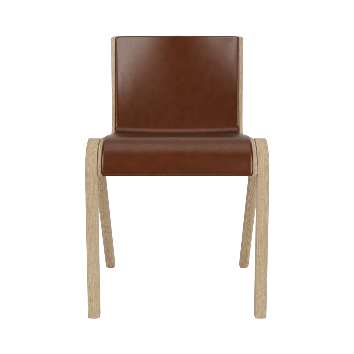 Front view of the Ready Dining Chair, Fully Upholstered, in rich brown leather with a natural oak frame.
