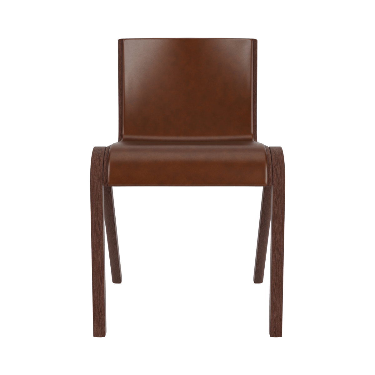 Ready Dining Chair, Fully Upholstered, seen from the front in brown leather with a red stained oak frame.