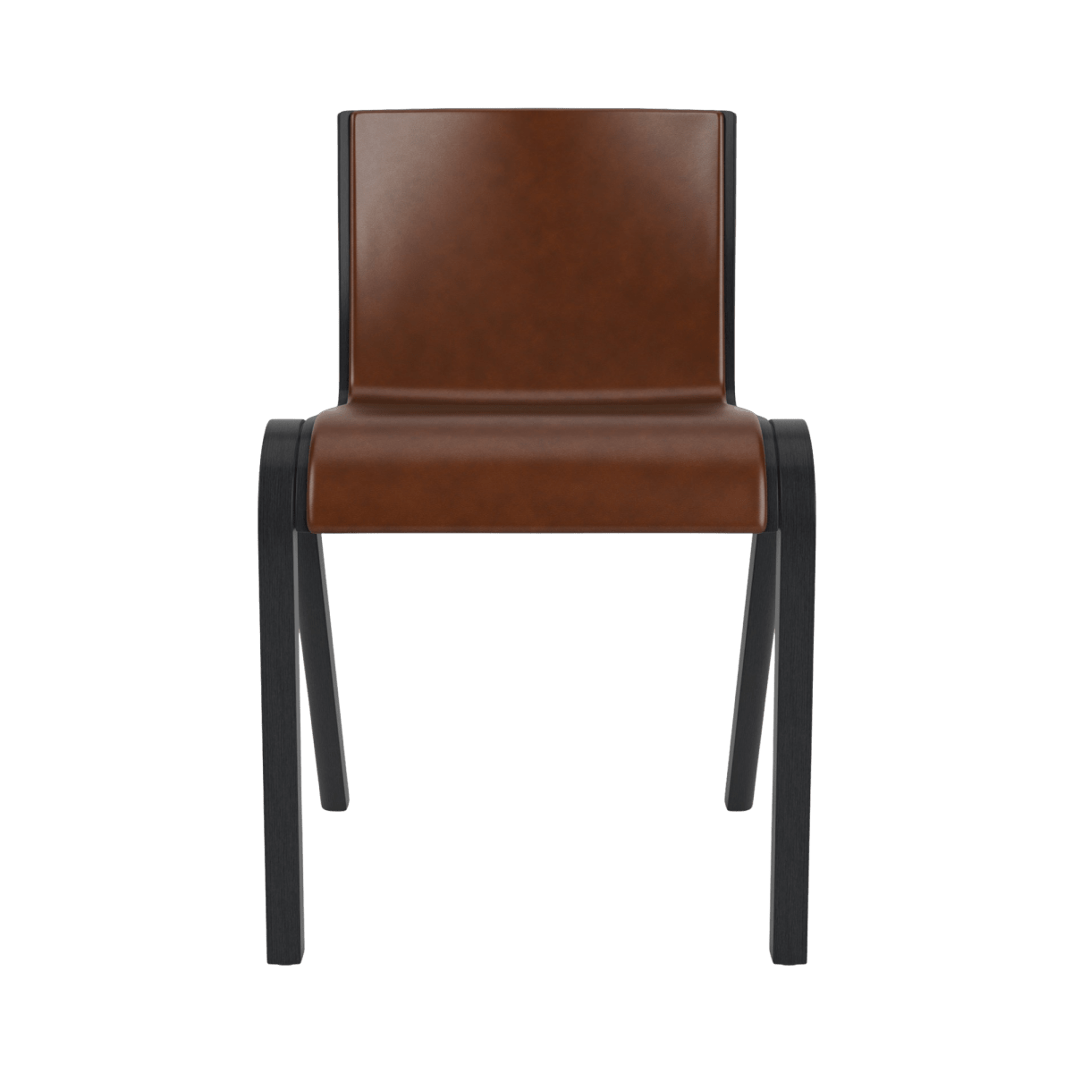 Front view of the Ready Dining Chair, Fully Upholstered, with a black oak frame and brown leather seat and back.