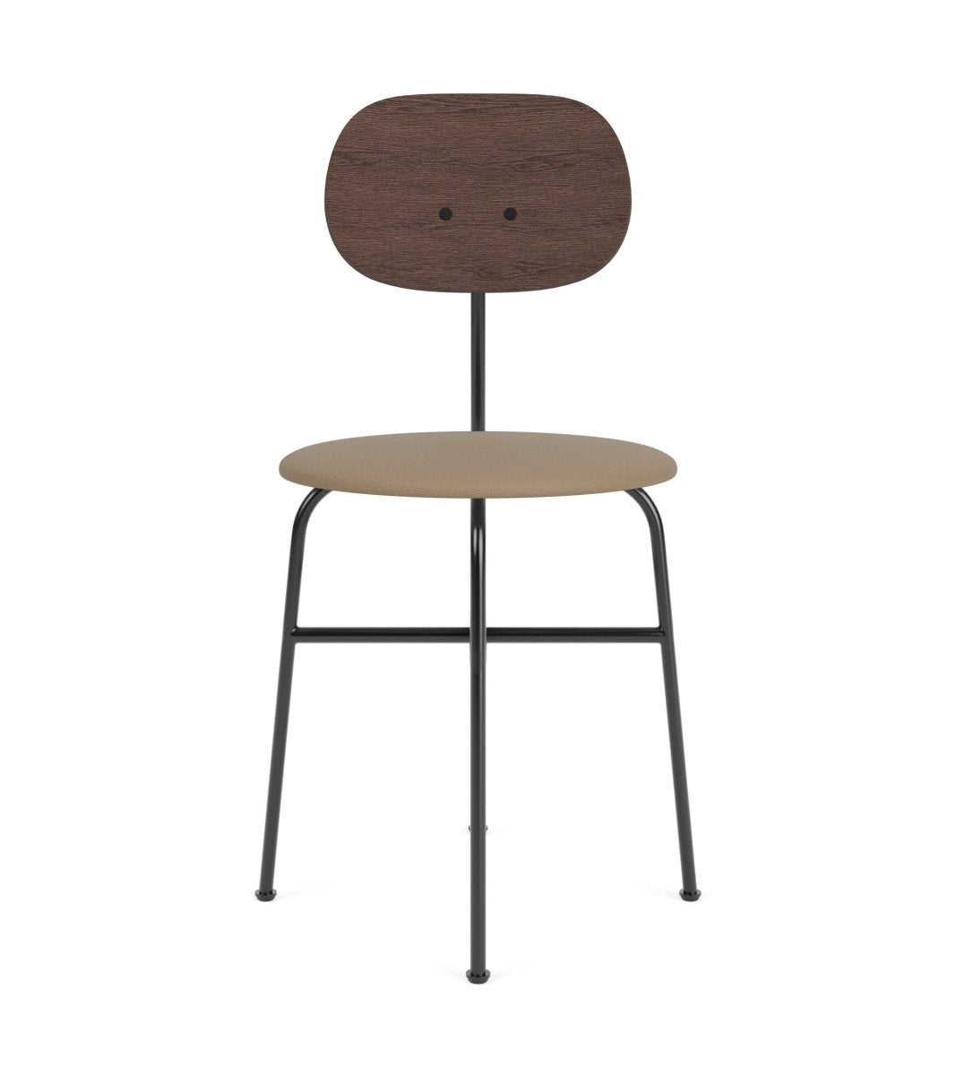 Afteroom Plus Dining Chair with a tan Sierra 1611 upholstered seat, stained oak backrest, and black steel frame.