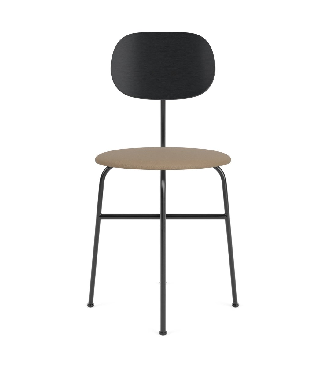 Afteroom Plus Dining Chair with a black oak back and tan Sierra leather upholstered seat, viewed from the front.