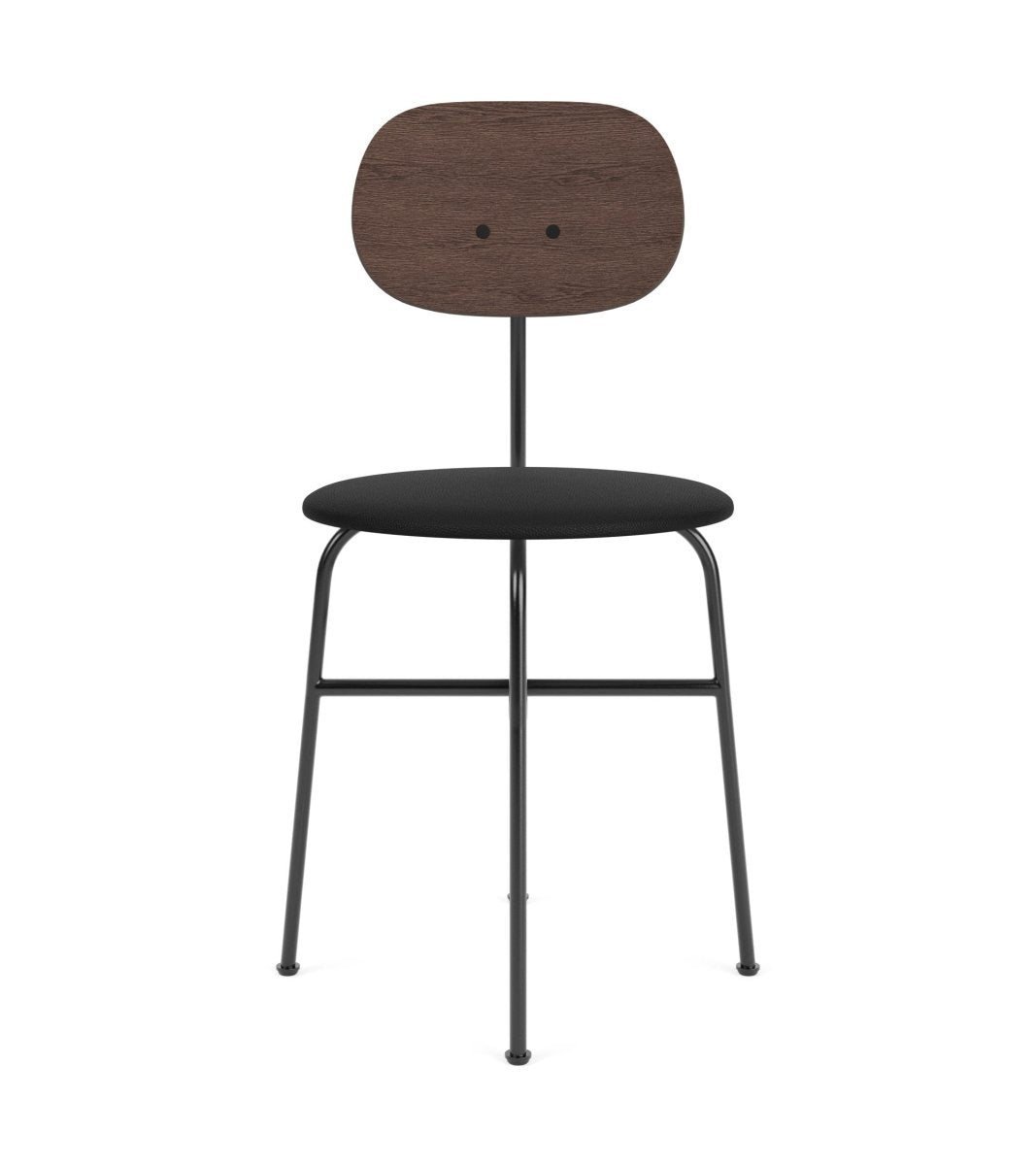 Afteroom Plus Dining Chair featuring a black upholstered seat, stained oak backrest, and black powder-coated steel frame.