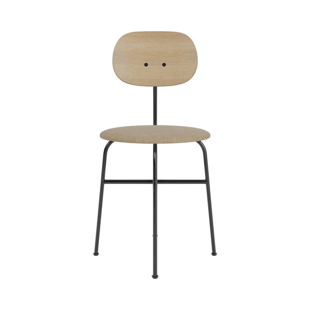 Front view of the Afteroom Plus Dining Chair, featuring a black steel frame, natural oak back, and beige bouclé seat.