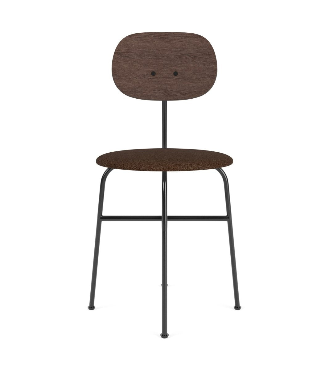 Afteroom Plus Dining Chair featuring a dark-stained oak back, brown upholstered seat, and minimalist black steel frame.