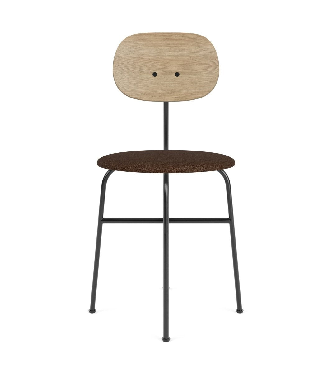 Front view of the Afteroom Plus Dining Chair with a natural oak backrest and brown upholstered seat on a black steel frame.