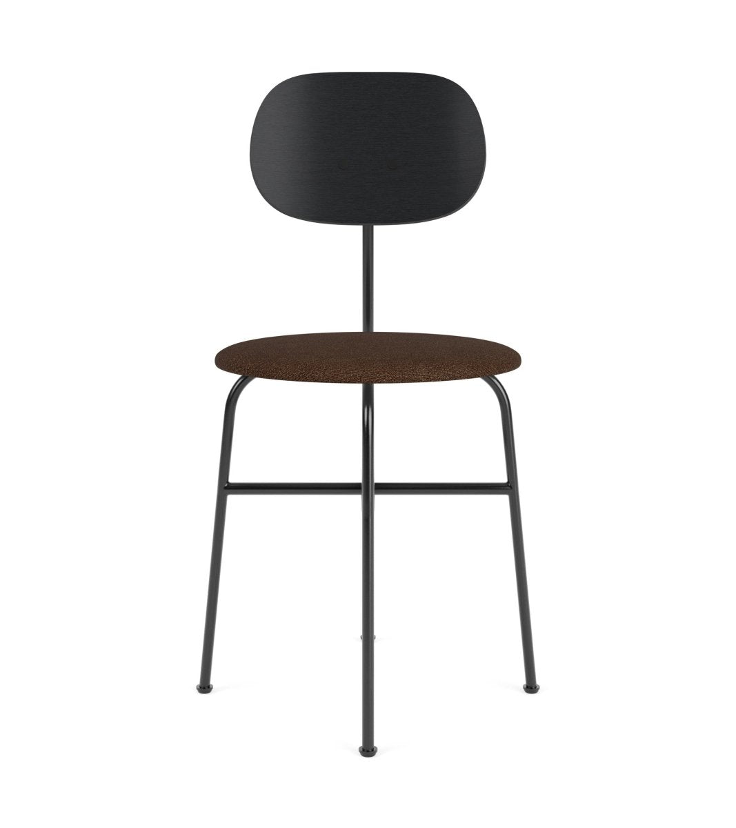 Afteroom Plus Dining Chair featuring a black oak back and a brown bouclé upholstered seat on black steel legs.
