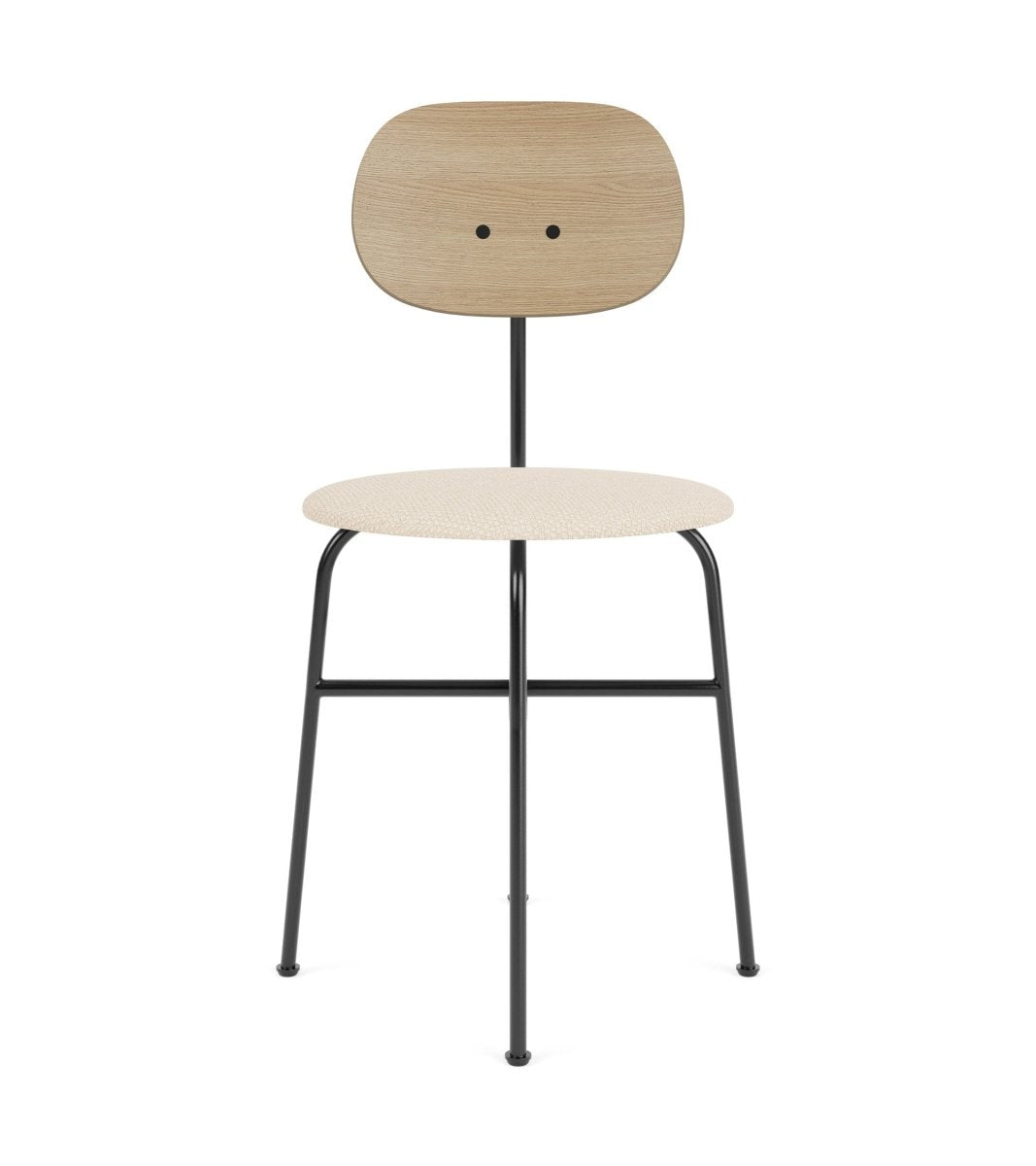Afteroom Plus Dining Chair with a natural oak backrest and beige upholstered seat on a black powder-coated steel frame.