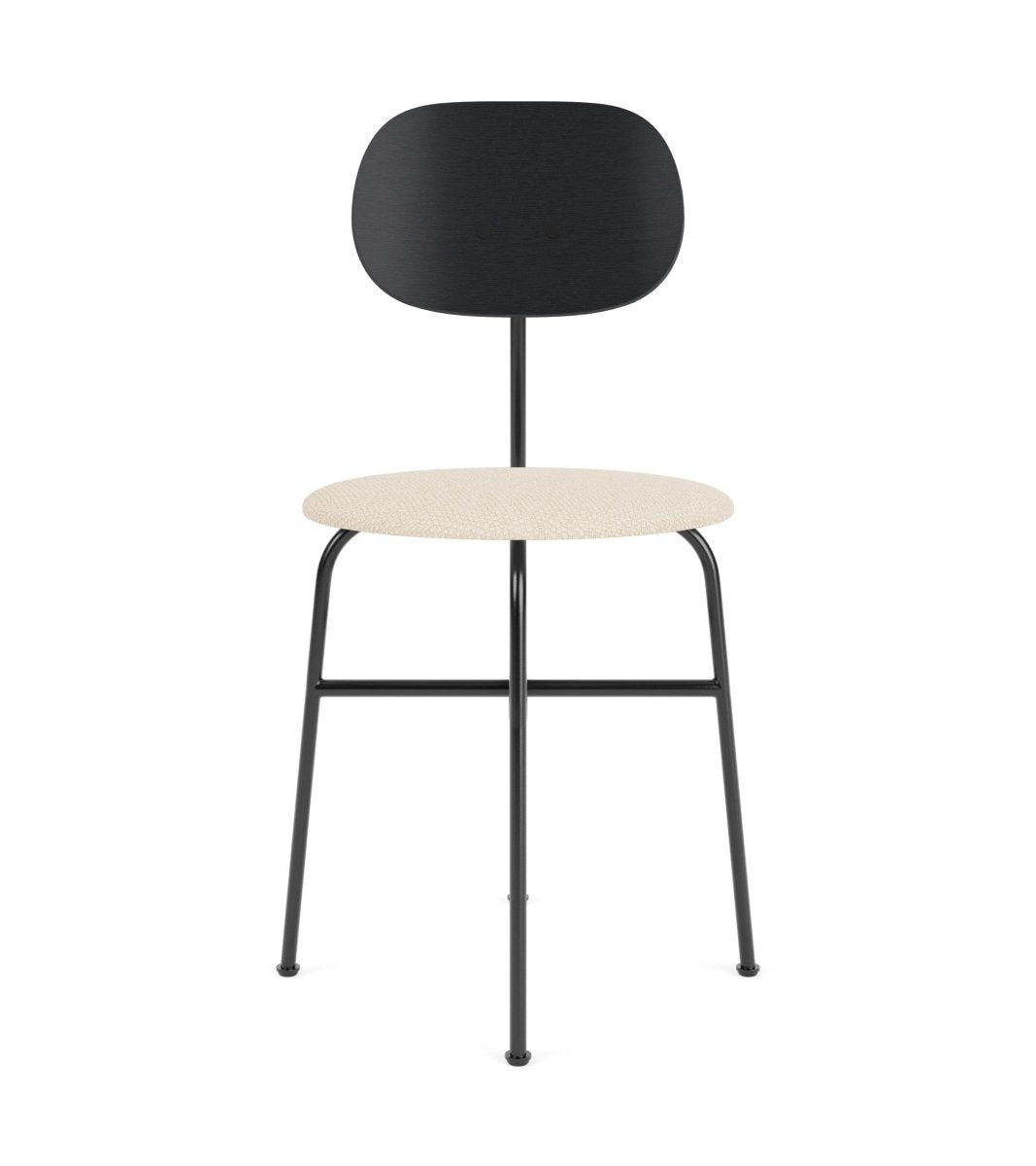 Afteroom Plus Dining Chair with a beige upholstered seat, black oak veneer backrest, and black powder-coated steel frame.