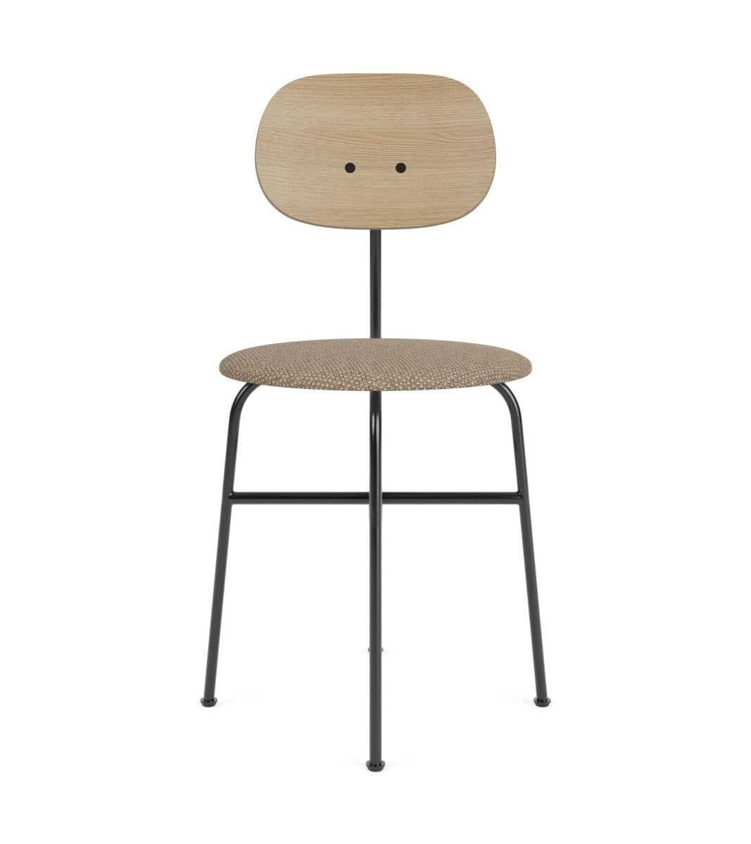 Afteroom Plus Dining Chair with a natural oak backrest, flint upholstered seat, and black powder-coated steel frame.
