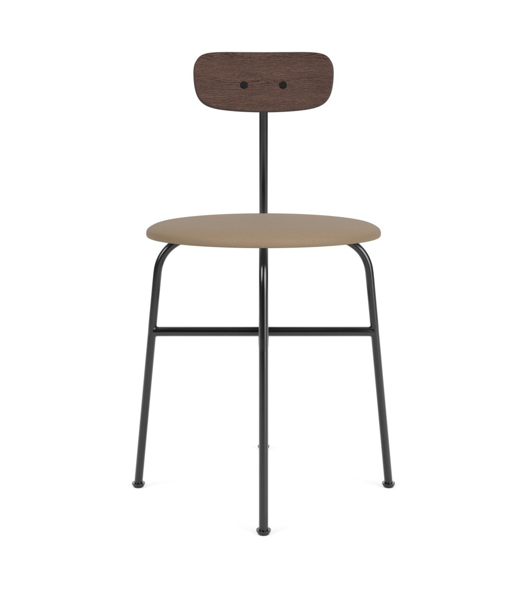 Afteroom Dining Chair in a front view with a black steel frame, stained oak backrest, and tan Sierra upholstered seat.