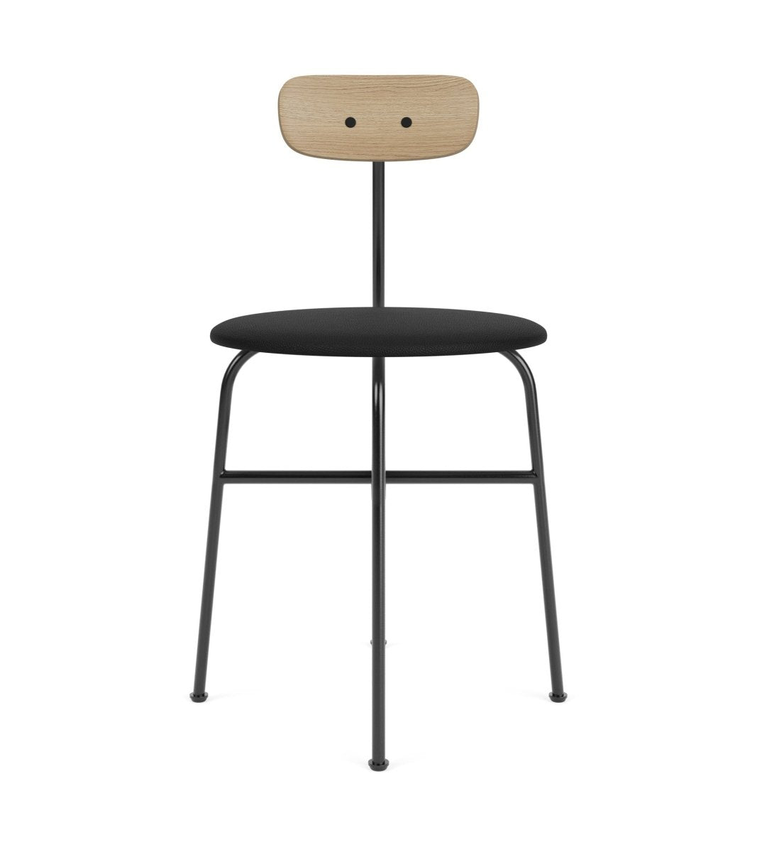Afteroom Dining Chair with an oak veneer backrest and black Sierra leather upholstered seat on a black steel frame.
