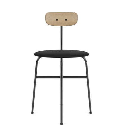 Afteroom Dining Chair with an oak veneer backrest and black Sierra leather upholstered seat on a black steel frame.