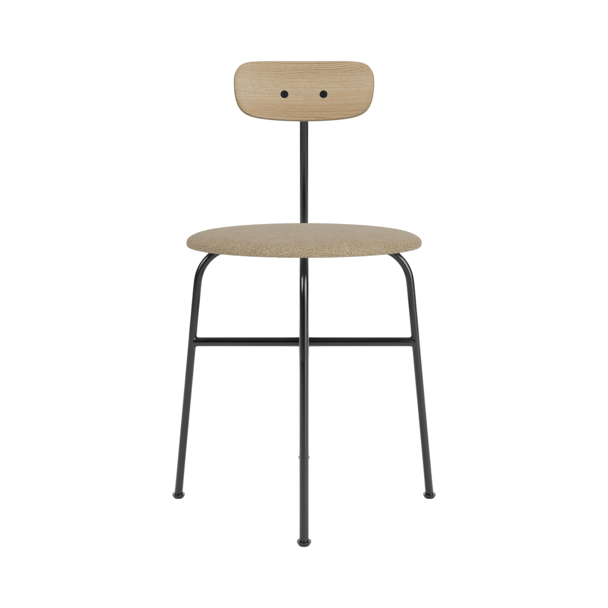 Front view of the Afteroom Dining Chair with a natural oak backrest and beige Bouclé seat on a black steel frame.