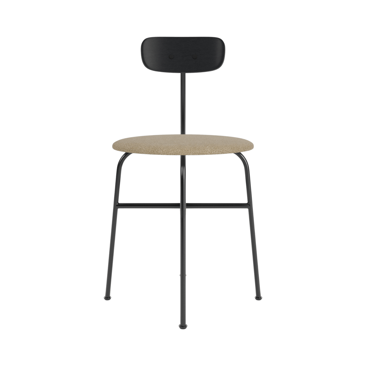 Front view of the Afteroom Dining Chair with a black steel frame, black oak backrest and beige bouclé upholstered seat.