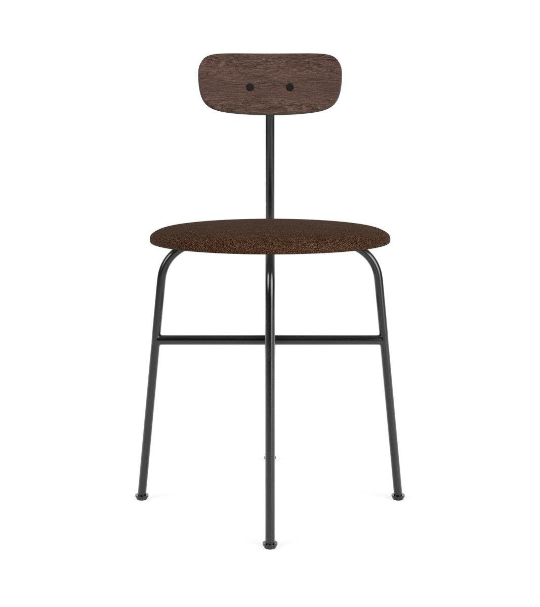 Afteroom Dining Chair with a dark stained oak backrest, brown upholstered seat, and black powder-coated steel frame.