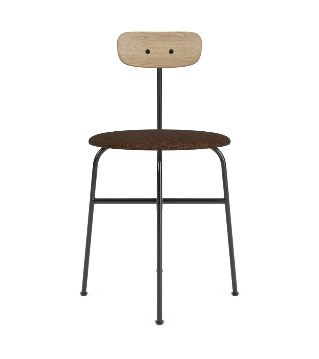 Back view of the Afteroom Dining Chair featuring a natural oak backrest and brown boucle seat on a black steel frame.