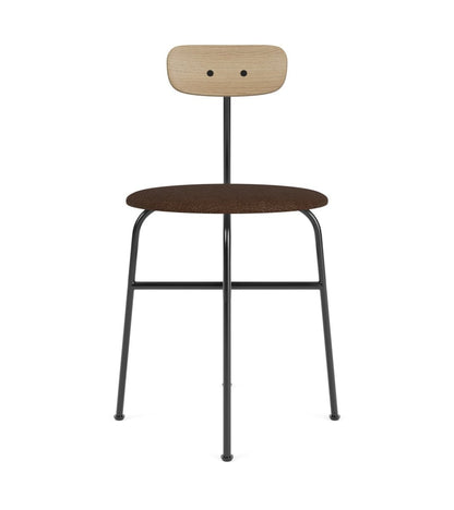 Back view of the Afteroom Dining Chair featuring a natural oak backrest and brown boucle seat on a black steel frame.