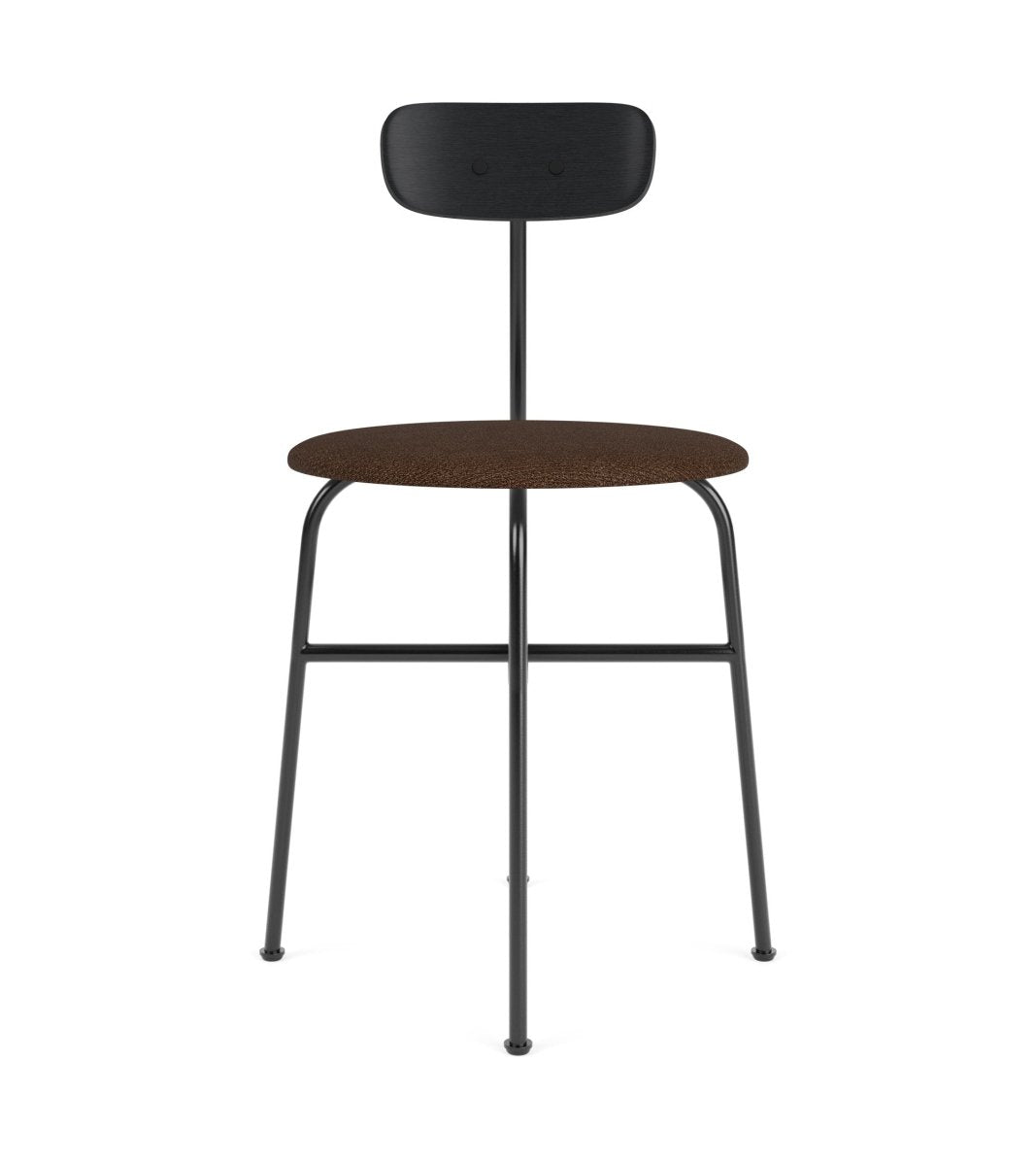 Afteroom Dining Chair featuring a brown bouclé upholstered seat, black painted oak backrest and a black steel frame.