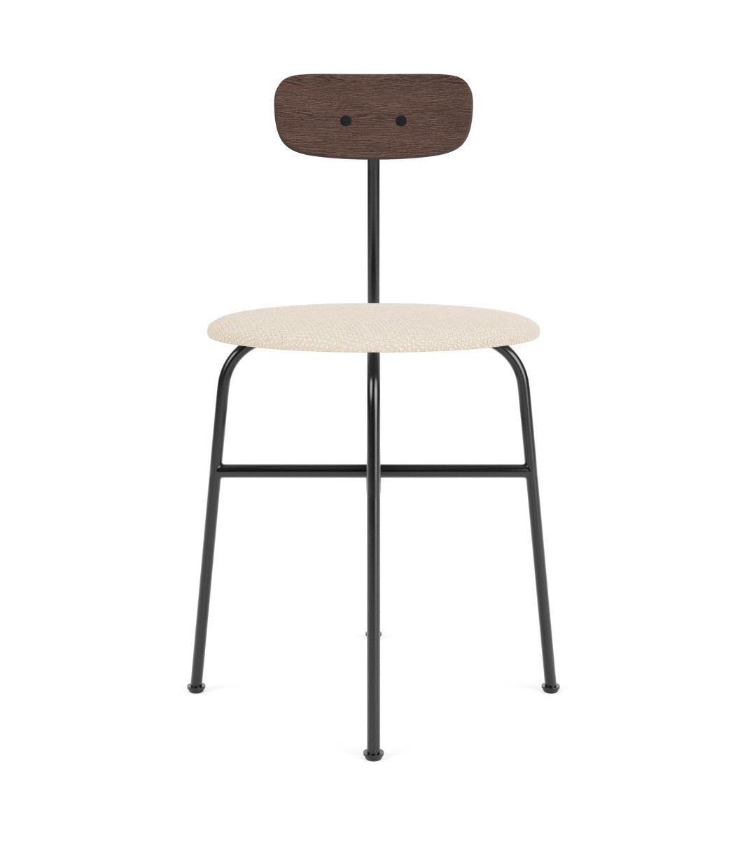 Afteroom Dining Chair with a light upholstered seat, dark oak backrest, and a sleek black steel frame.