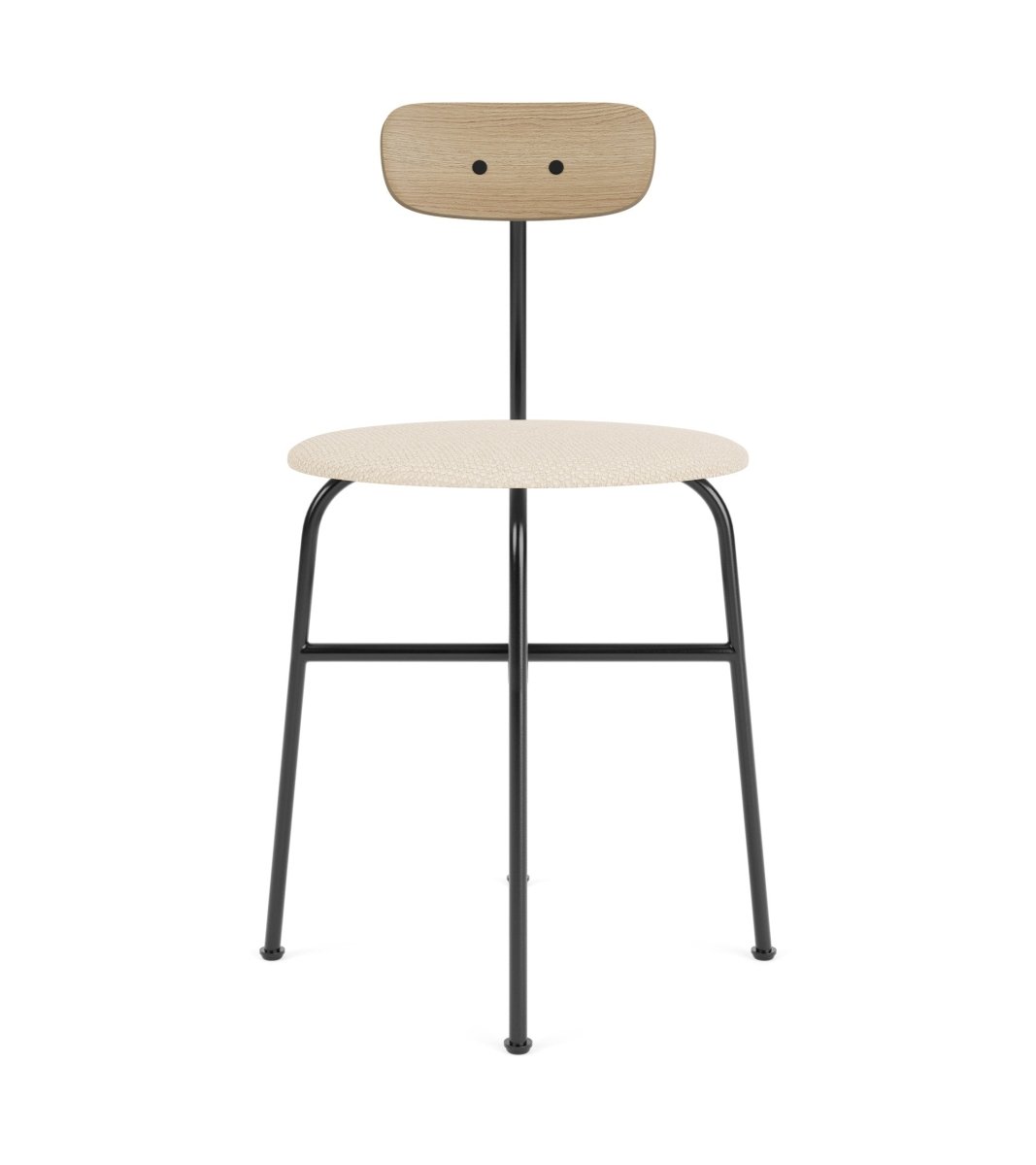 Afteroom Dining Chair with a light upholstered seat, natural oak backrest, and a black three-legged steel frame.